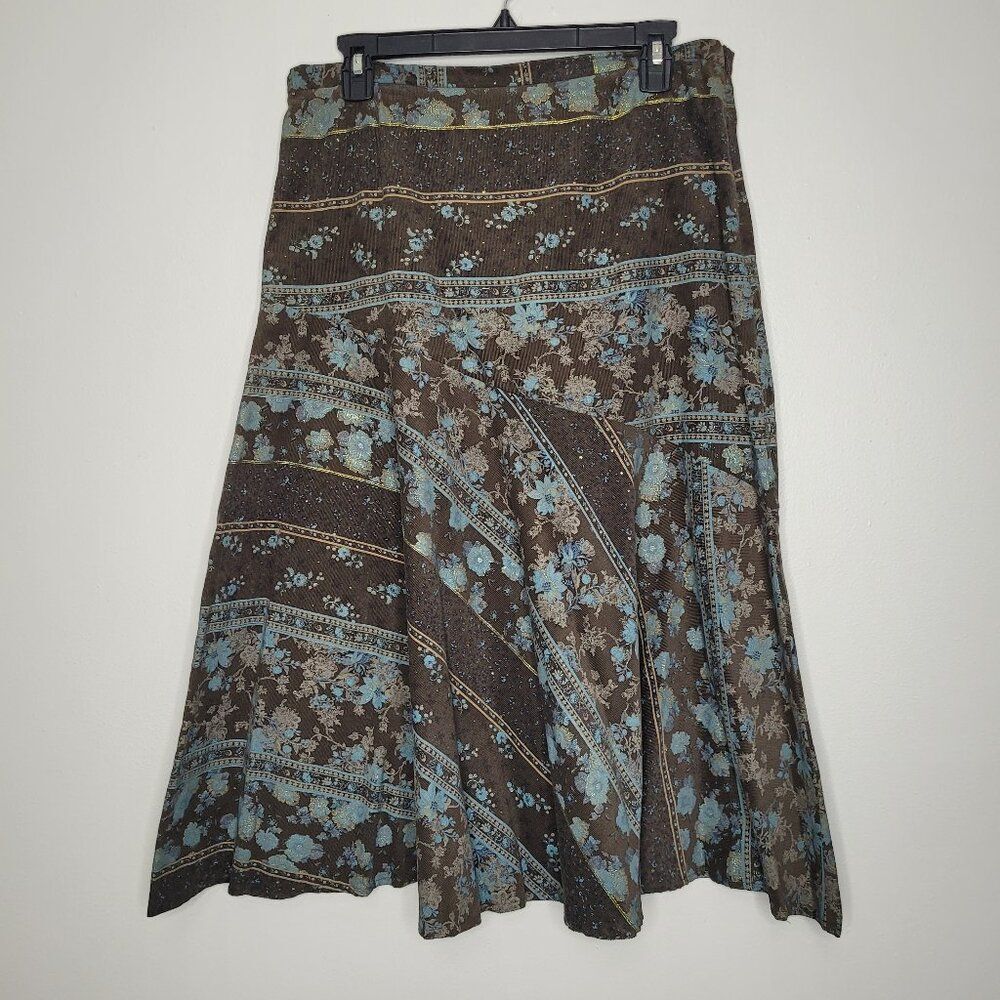 Brown teal floral corduroy feel dark cottage y2k vibe midi skirt size 12
